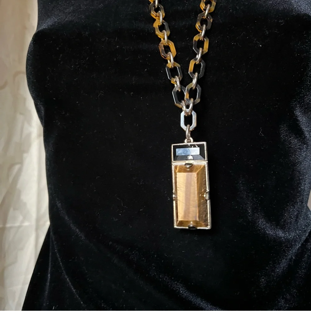 Funky Vintage Statement Pendant Necklace Gold Black Tiger Eye Retro Unisex - Picture 2 of 8